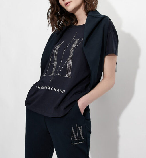 maglietta blu da donna Armani con logo A|X borchiato