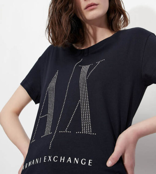 maglietta blu da donna Armani con logo A|X borchiato-1