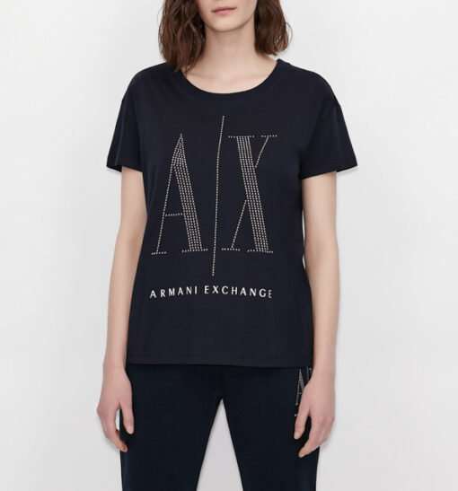 maglietta blu da donna Armani con logo A|X borchiato-4