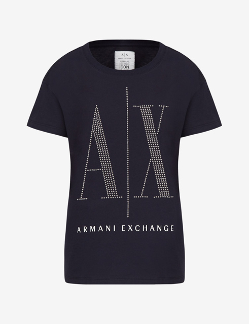 maglietta blu da donna Armani con logo A|X borchiato-5