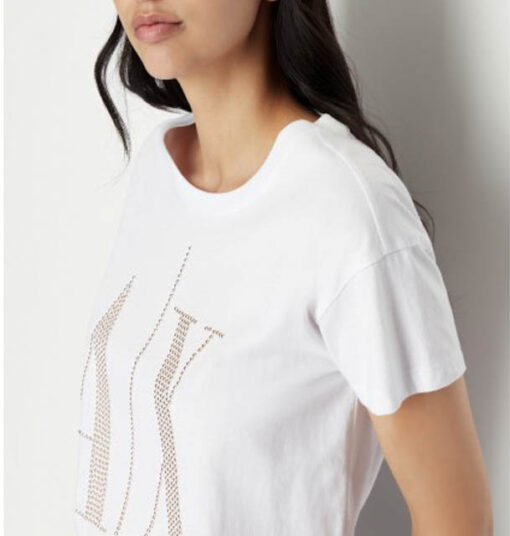 maglietta bianca da donna Armani con logo A|X borchiato-4