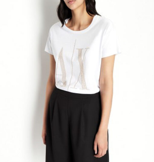 maglietta bianca da donna Armani con logo A|X borchiato-3
