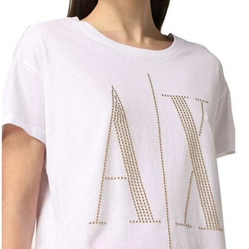 maglietta bianca da donna Armani con logo A|X borchiato-2