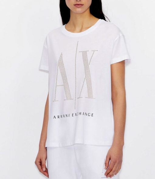 maglietta bianca da donna Armani con logo A|X borchiato