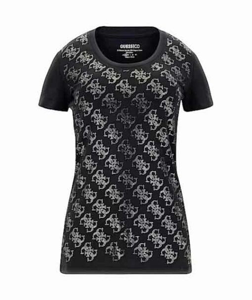 GUESS t-shirt nera donna con G con strass all over-6