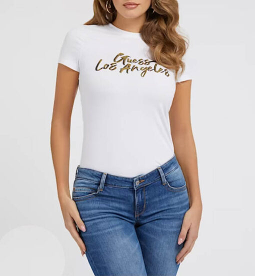 GUESS t-shirt bianca con scritta oro da donna
