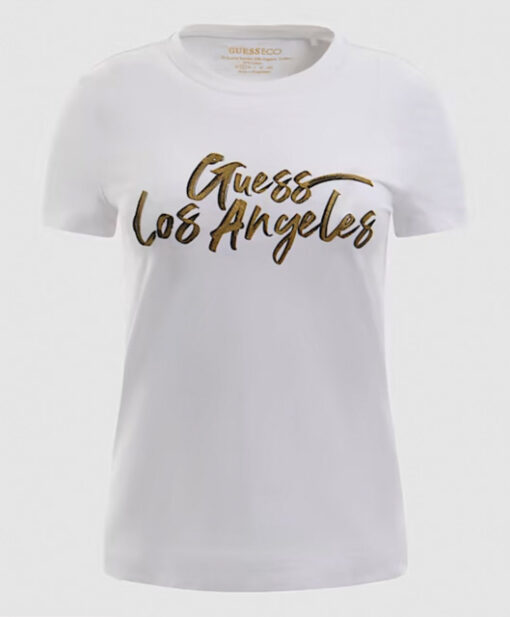 GUESS t-shirt bianca con scritta oro da donna-4