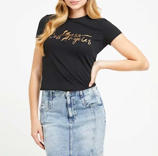GUESS t-shirt nera con scritta oro da donna