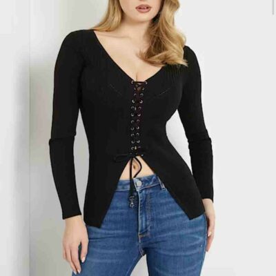 GUESS cardigan nero a costine da donna