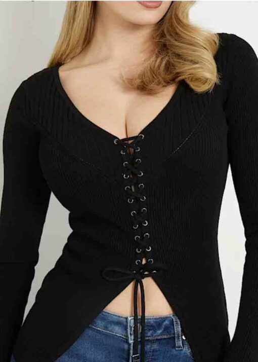 GUESS cardigan nero a costine da donna-3