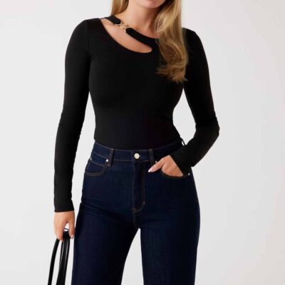 GUESS Top nero manica lunga cut out e fibbia
