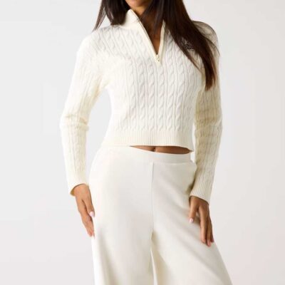 GUESS maglione a trecce panna a lupetto con mezza zip