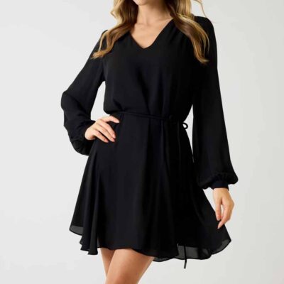GUESS abito nero corto vaporoso a balze con cintura donna