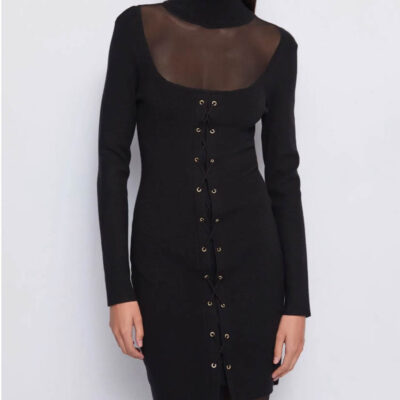 Mini abito nero DENNY ROSE collo alto con dettagli in tulle