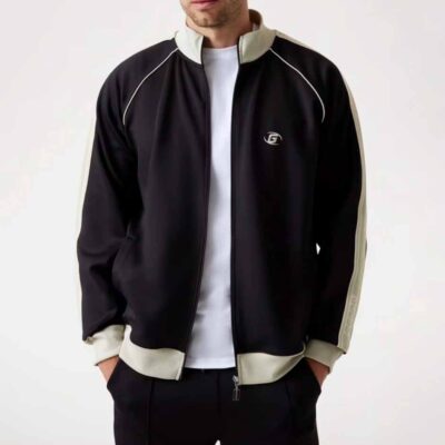 GUESS felpa nera uomo con full zip e bande laterali beige