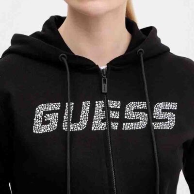GUESS felpa nera in cotone full zip e cappuccio con scritta in strass