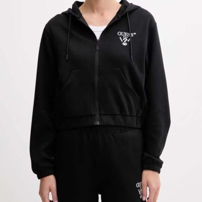 GUESS felpa nera donna full zip con tasche e cappuccio