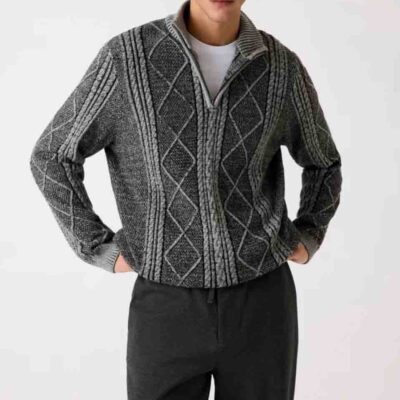 GUESS maglione a trecce con collo alto e mezza zip da uomo