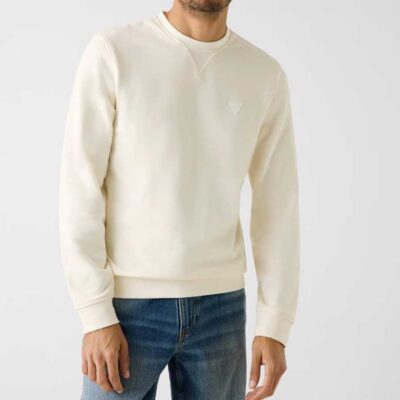 GUESS felpa panna uomo girocollo con piccolo logo in tinta