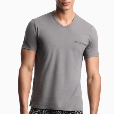 EMPORIO ARMANI maglietta grigia scollo a V uomo con scritta logo sul petto