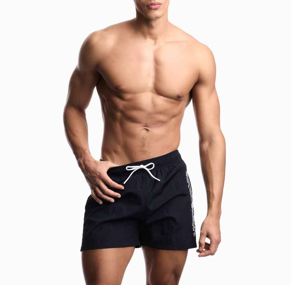 EMPORIO ARMANI boxer blu uomo da mare con scritta laterale a contrasto-2