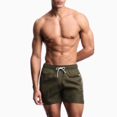 EMPORIO ARMANI boxer verde uomo da mare con scritta laterale a contrasto