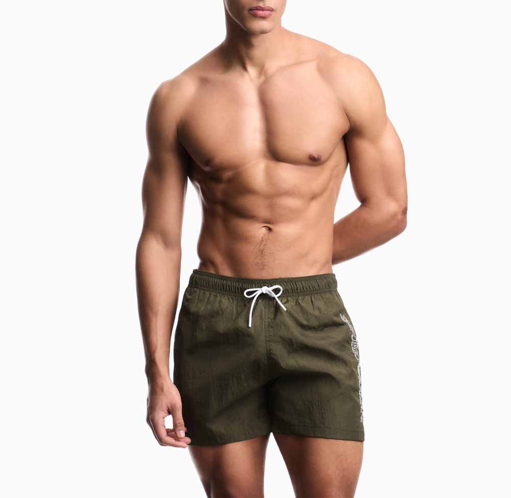 EMPORIO ARMANI boxer verde uomo da mare con scritta laterale a contrasto