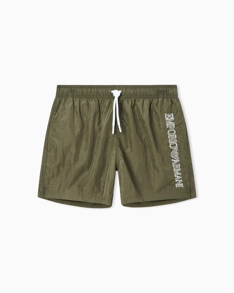 EMPORIO ARMANI boxer verde uomo da mare con scritta laterale a contrasto-3