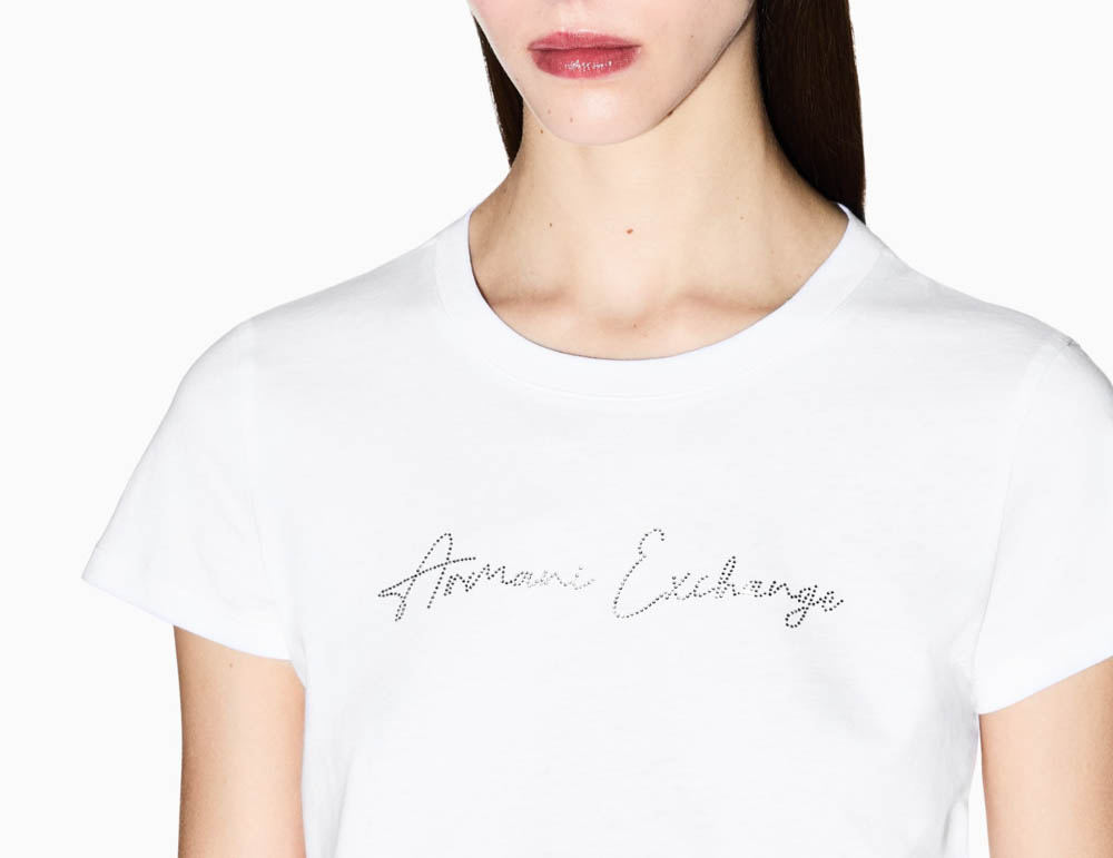 T-shirt bianca donna ARMANI EXCHANGE slim fit con strass-2