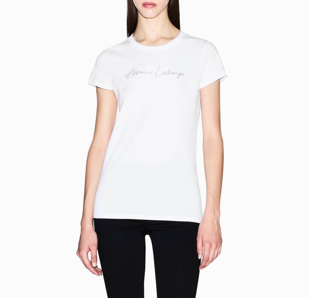 T-shirt bianca donna ARMANI EXCHANGE slim fit con strass-1