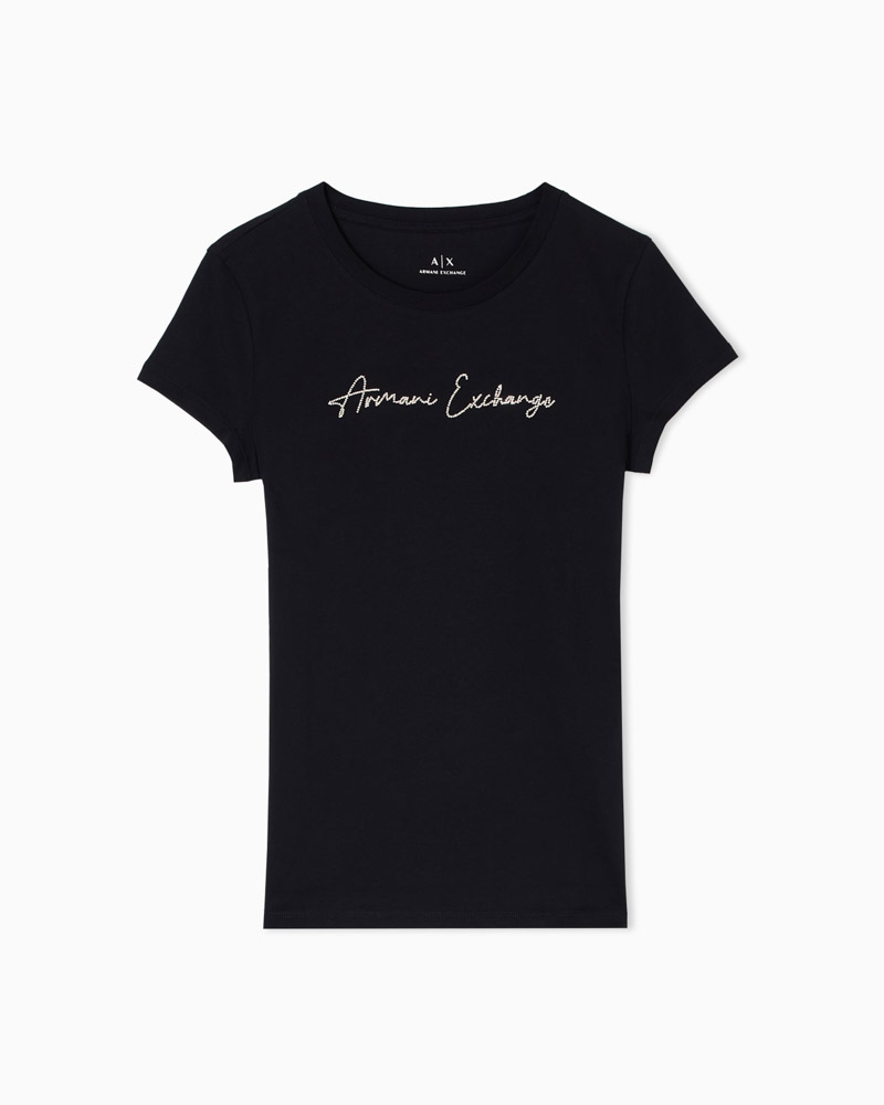 T-shirt nera donna ARMANI EXCHANGE slim fit con strass