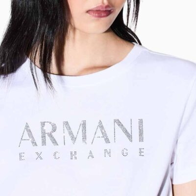 Maglietta donna bianca con scritta strass ARMANI EXCHANGE a mezza manica