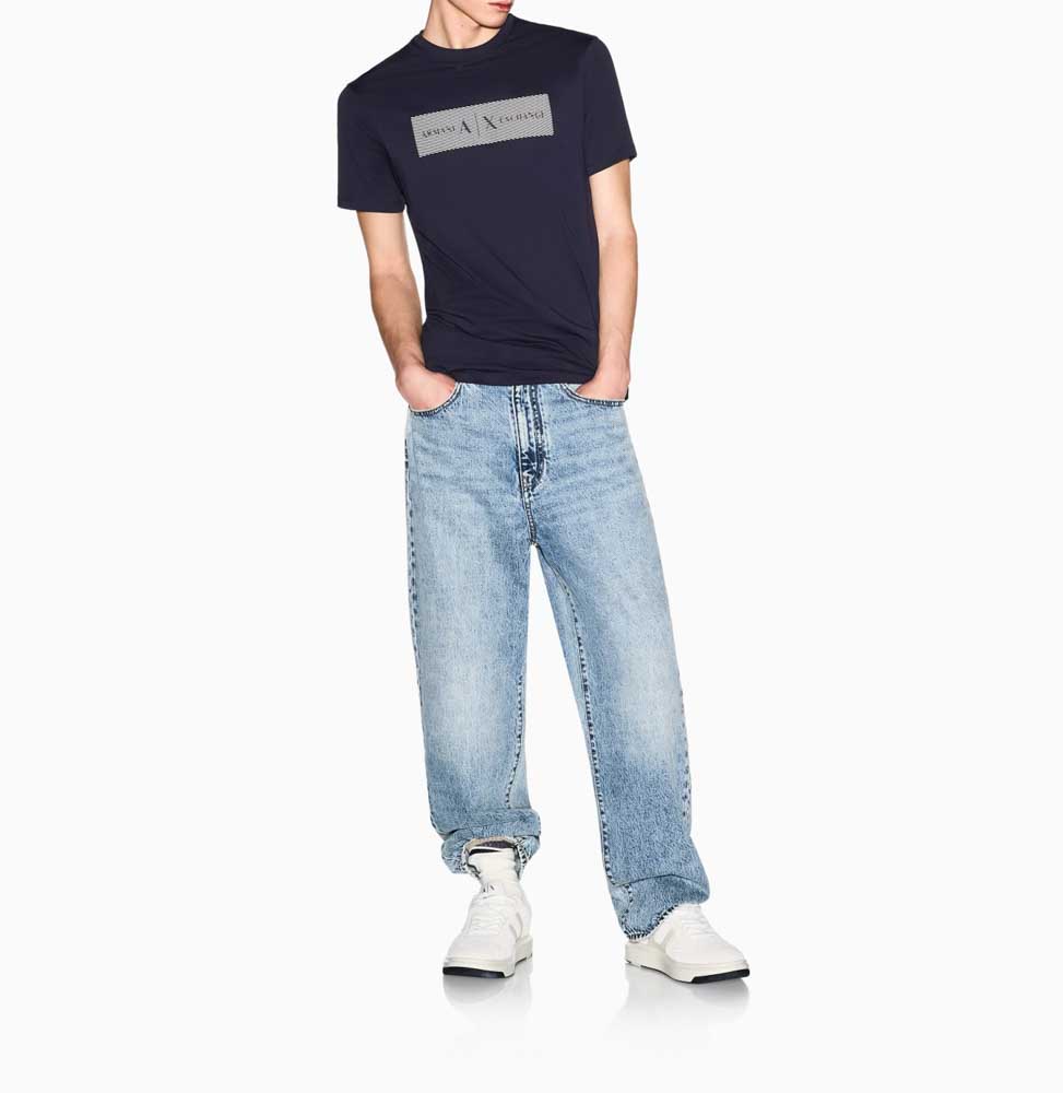 ARMANI EXCHANGE t-shirt blu in cotone con scritta logo-1