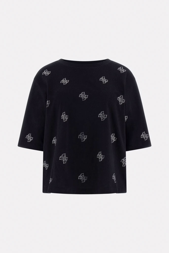 Maglietta nera mezza manica da donna GUESS con 4G in strass all over-4