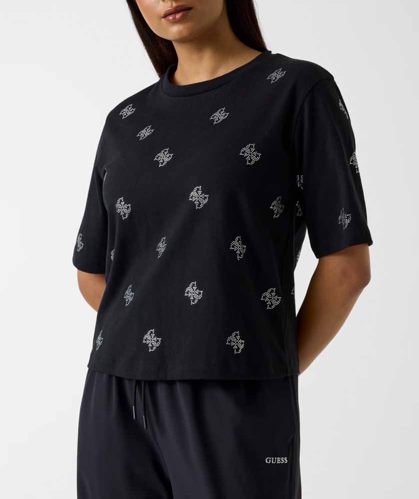 Maglietta nera mezza manica da donna GUESS con 4G in strass all over-3