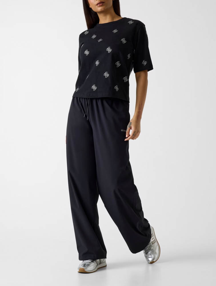 Maglietta nera mezza manica da donna GUESS con 4G in strass all over-2