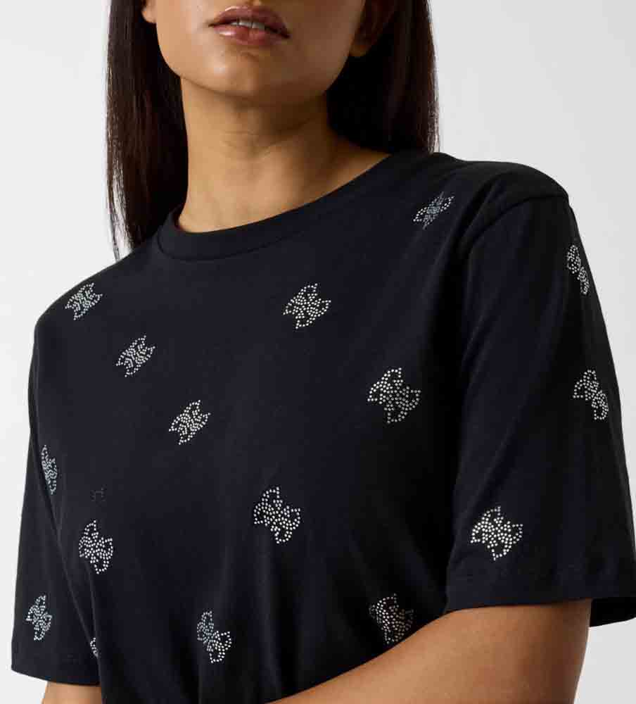 Maglietta nera mezza manica da donna GUESS con 4G in strass all over