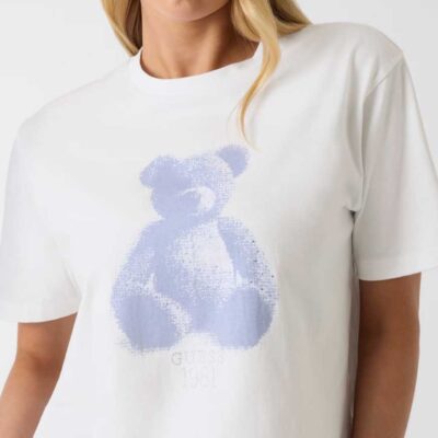 T-SHIRT BIANCA GUESS DONNA GIROCOLLO CON STRASS E STAMPA-4