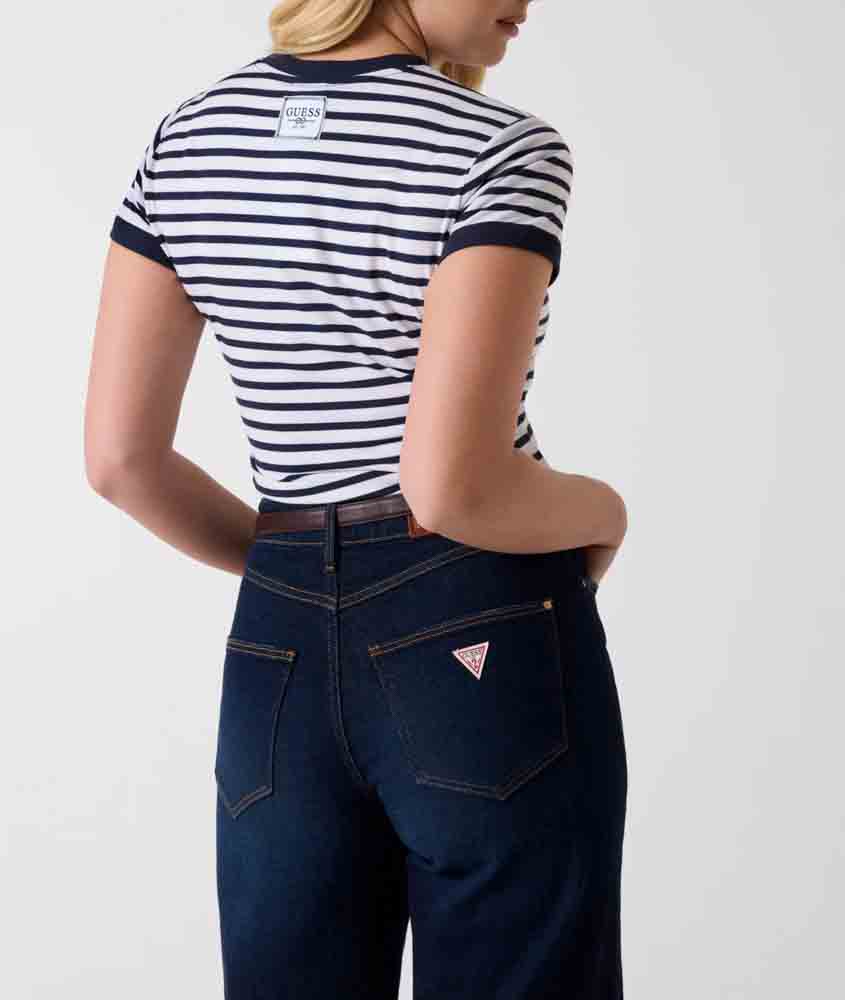 GUESS t-shirt rigata bianca e blu da donna-4