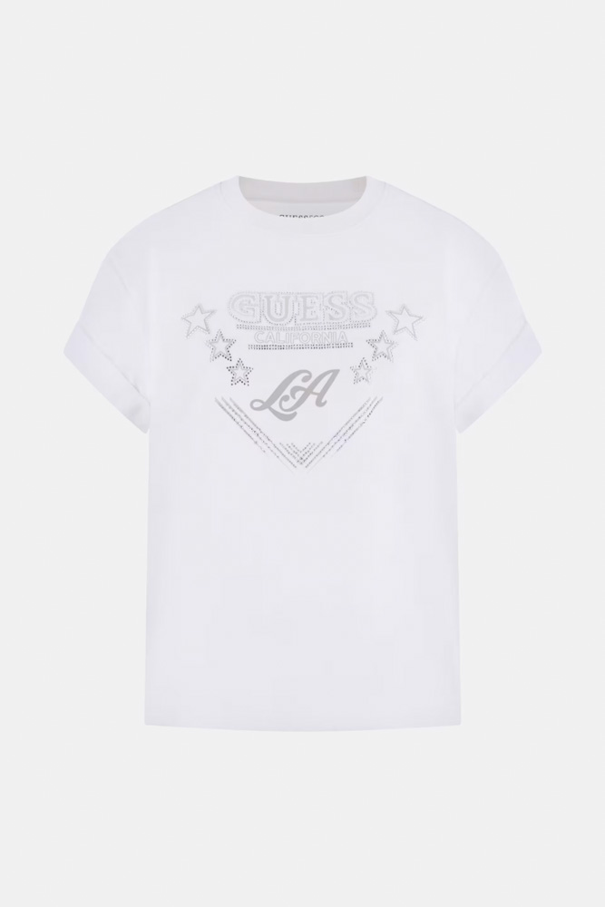 GUESS maglietta bianco mezza manica con scritta e strass donna-4