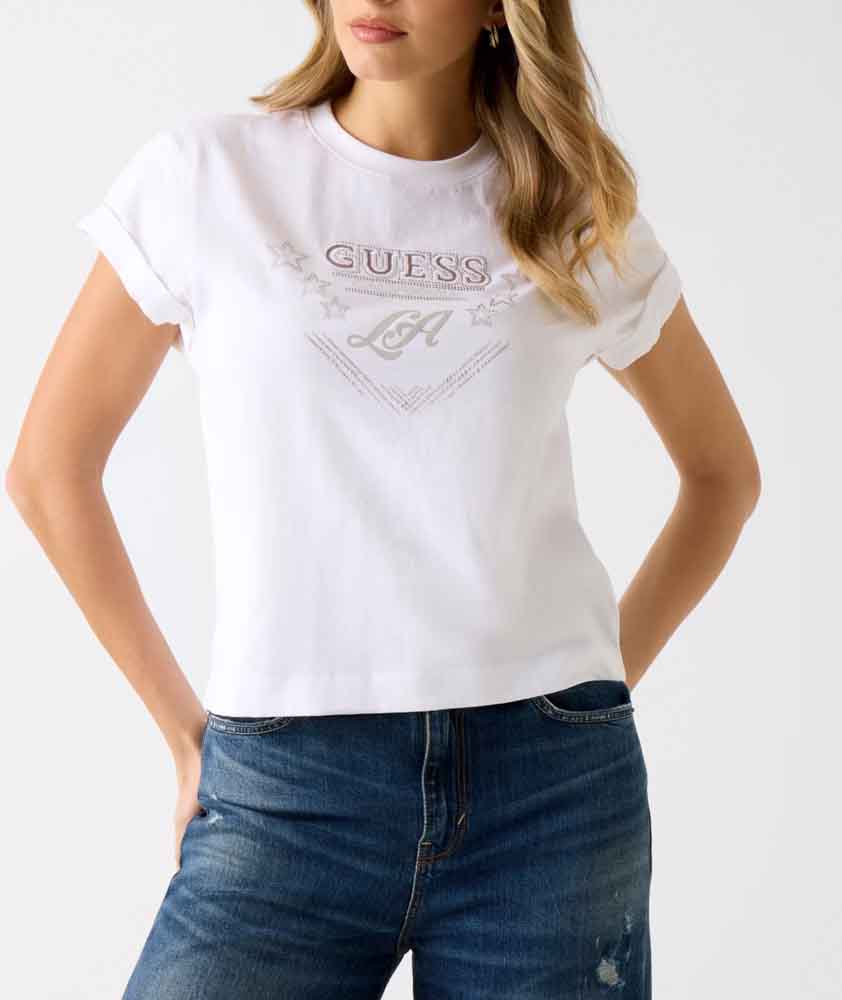 GUESS maglietta bianco mezza manica con scritta e strass donna-3