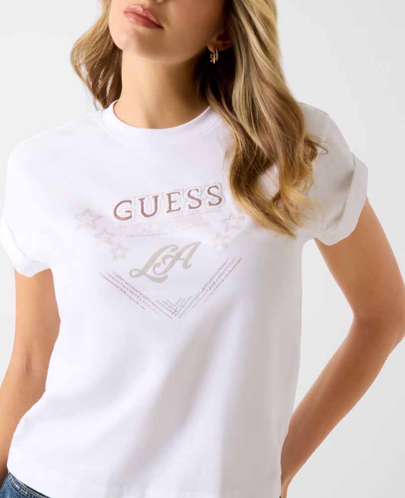 GUESS maglietta bianco mezza manica con scritta e strass donna