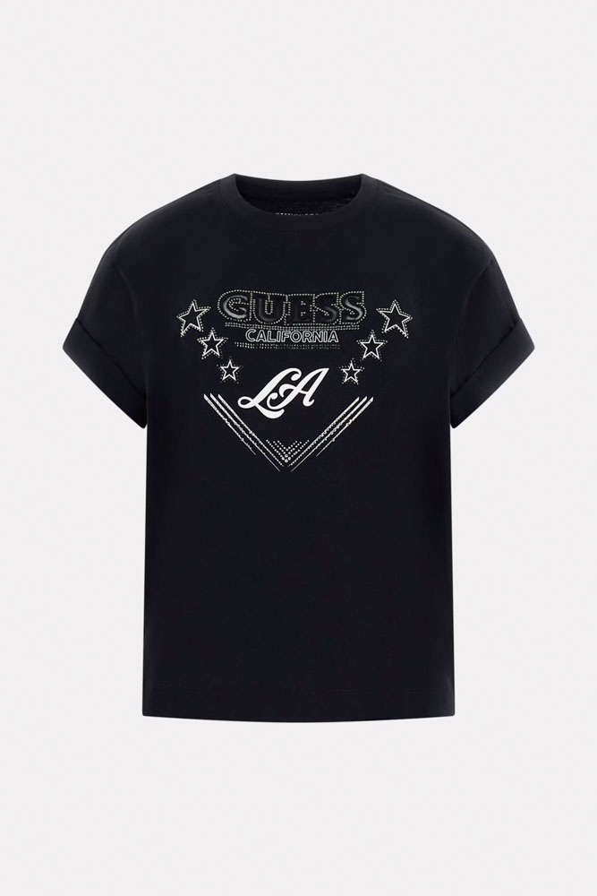 GUESS maglietta nera mezza manica con scritta e strass donna-4