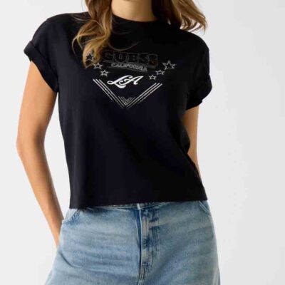 GUESS maglietta nera mezza manica con scritta e strass donna