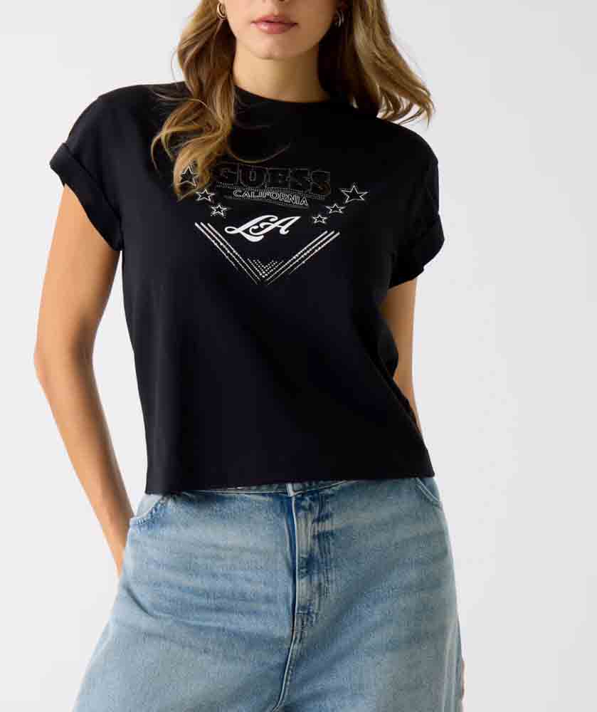 GUESS maglietta nera mezza manica con scritta e strass donna