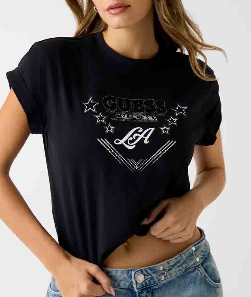 GUESS maglietta nera mezza manica con scritta e strass donna-1