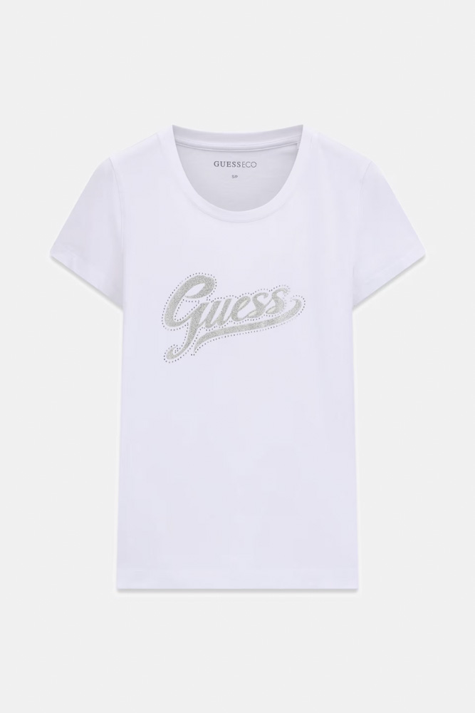 GUESS maglietta elasticizzata mezza manica da donna con scritta logo centrale-2