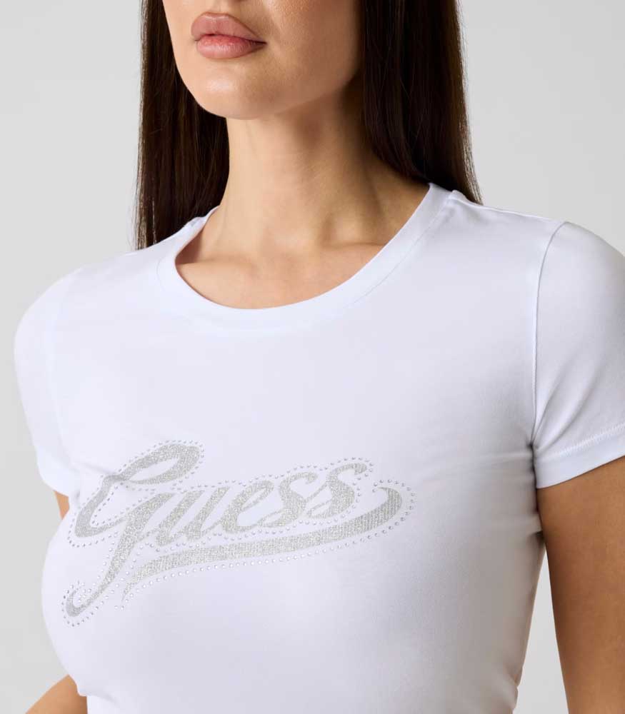 GUESS maglietta elasticizzata mezza manica da donna con scritta logo centrale
