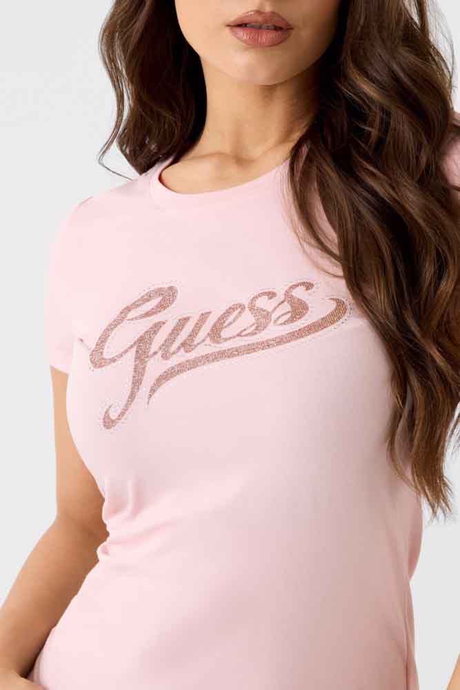 GUESS maglietta rosa elasticizzata mezza manica da donna con scritta logo centrale-3